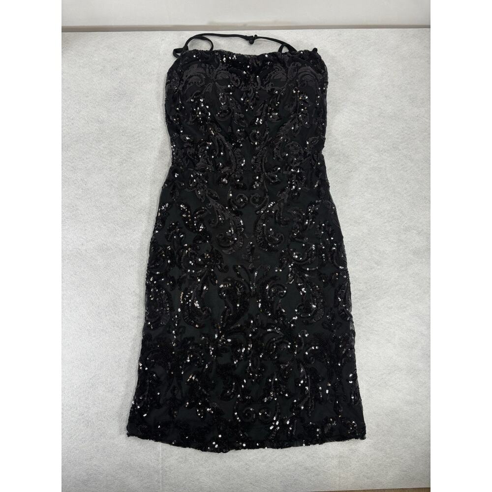 Windsor Black Sequin Strapless Mini Dress Lace Up Back Women Large LBD Party